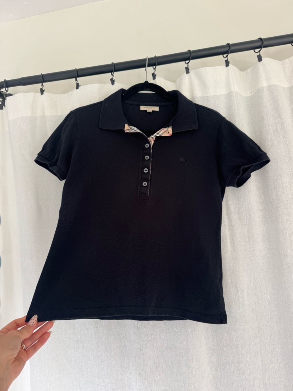 Burberry Black Short-Sleeve Polo with Plaid Trim - Picture 2 of 5